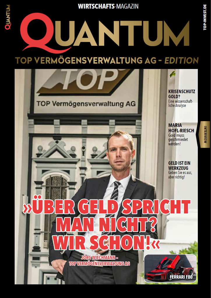 Eine Spezialausgabe des Qunatum Magazins für die TOP Vermögensveraltung AG mit Herrn Wiechmann im Eingang der Firmenvilla stehend auf dem Cover